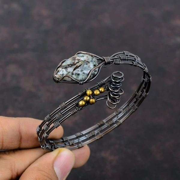 Astrophyllite Pear Gray Handmade Copper Wire Wrapped Bangle