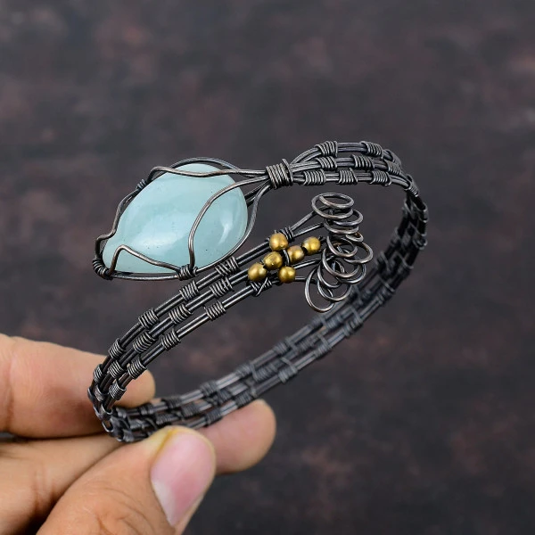 Aquamarine Pear Green Handmade Copper Wire Wrapped Bangle