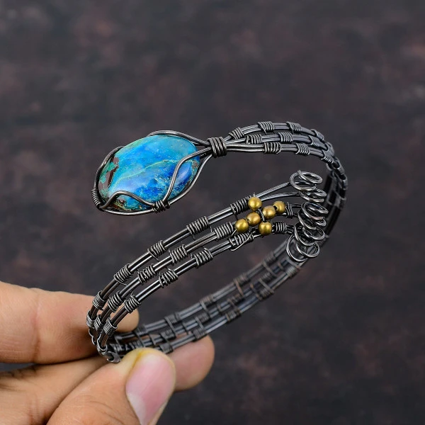Chrysocolla Oval Blue Handmade Copper Wire Wrapped Bangle