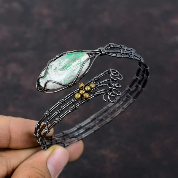 Variscite Oval Green Handmade Copper Wire Wrapped Bangle
