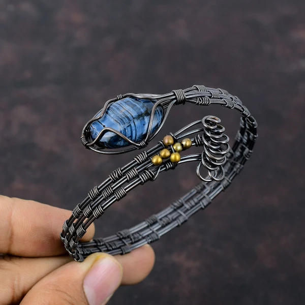 Pietersite Oval Black Handmade Copper Wire Wrapped Bangle