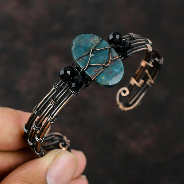 Bloodstone Oval Green Handmade Copper Wire Wrapped Bangle