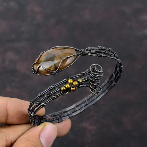 Chiastolite Oval Brown Handmade Copper Wire Wrapped Bangle