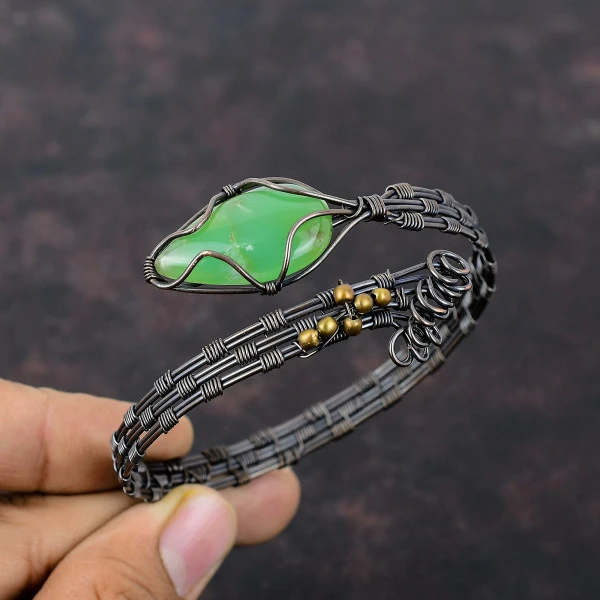 Chrysoprase Pear Green Handmade Copper Wire Wrapped Bangle