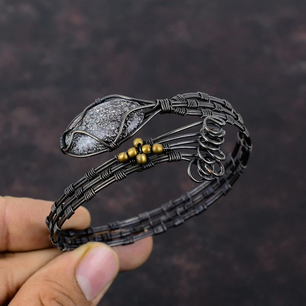 Dinosaur Bone Oval Red Handmade Copper Wire Wrapped Bangle