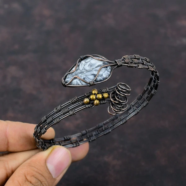 Pinolith Jasper Pear Black Handmade Copper Wire Wrapped Bangle