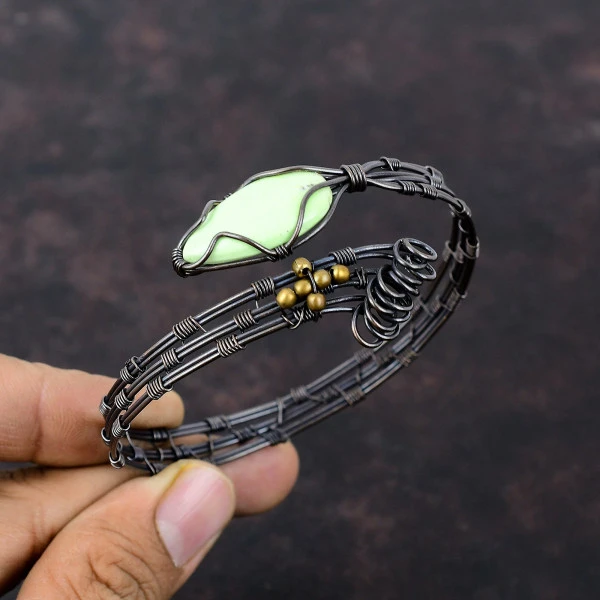 Lemon Chrysoprase Pear Green Handmade Copper Wire Wrapped Bangle
