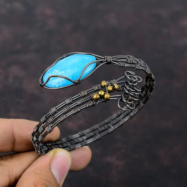 Smithsonite Oval Blue Handmade Copper Wire Wrapped Bangle