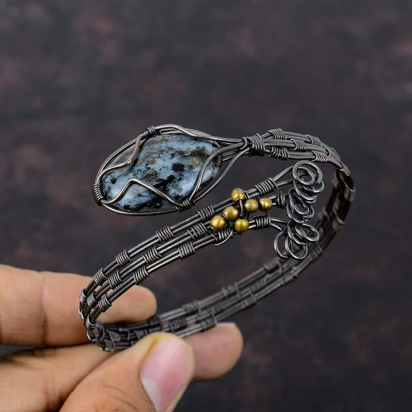 Astrophyllite Oval Gray Handmade Copper Wire Wrapped Bangle