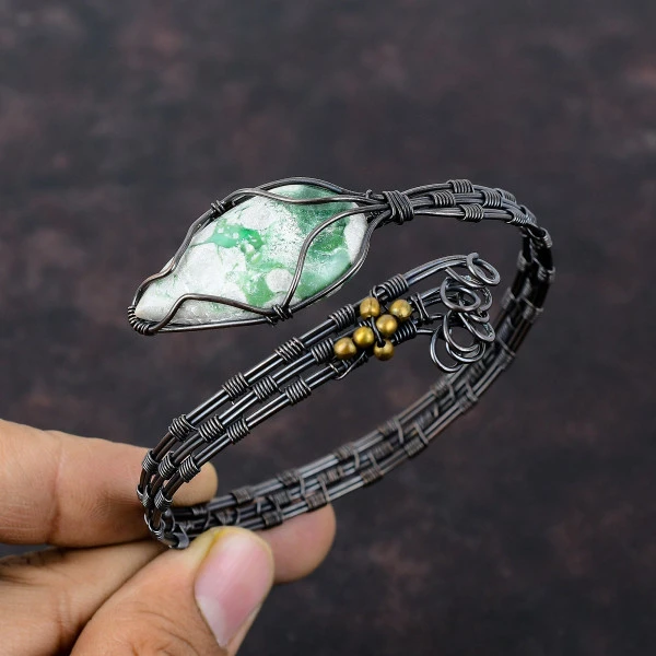 Variscite Pear Green Handmade Copper Wire Wrapped Bangle