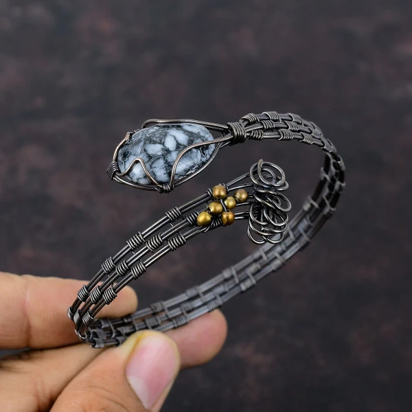 Pinolith Jasper Oval Black Handmade Copper Wire Wrapped Bangle