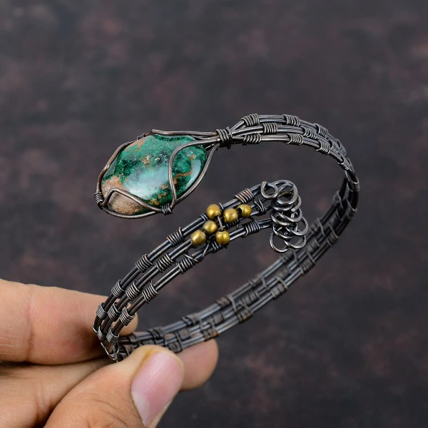 Cuprite Chrysocolla Oval Green Handmade Copper Wire Wrapped Bangle