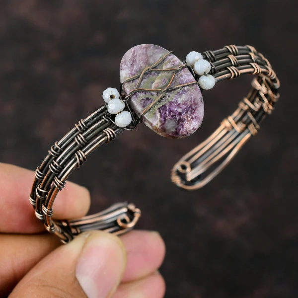 Charoite Oval Purple Handmade Copper Wire Wrapped Bangle