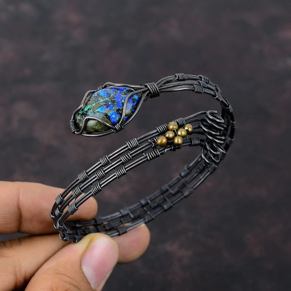 Azurite Malachite Oval Blue Handmade Copper Wire Wrapped Bangle