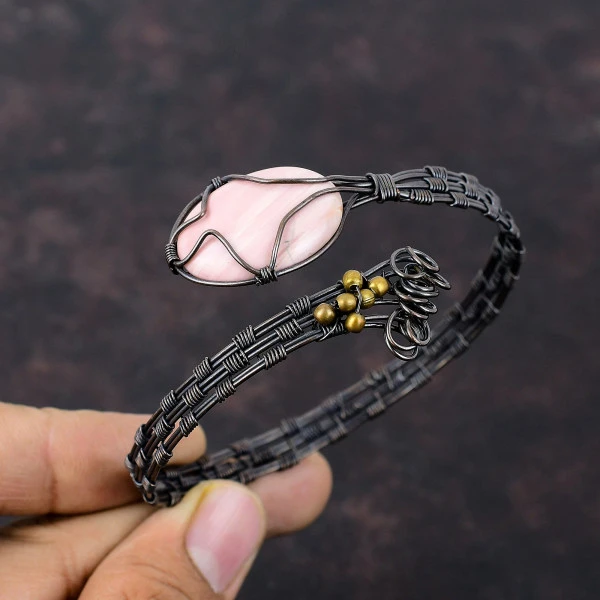 Pink Opal Oval Pink Handmade Copper Wire Wrapped Bangle