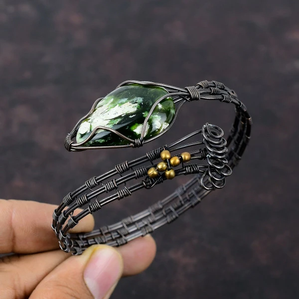 Australian Chrome Chalcedony Pear Green Handmade Copper Wire Wrapped Bangle