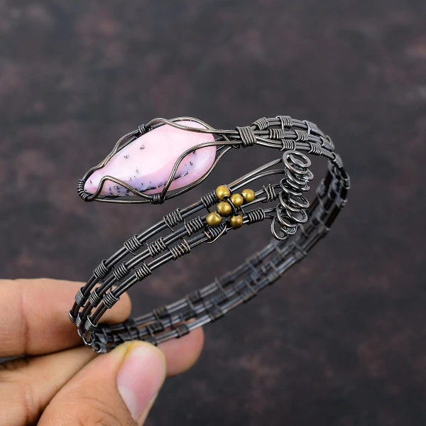 Pink Opal Pear Pink Handmade Copper Wire Wrapped Bangle