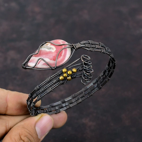 Rhodochrosite Pear Pink Handmade Copper Wire Wrapped Bangle