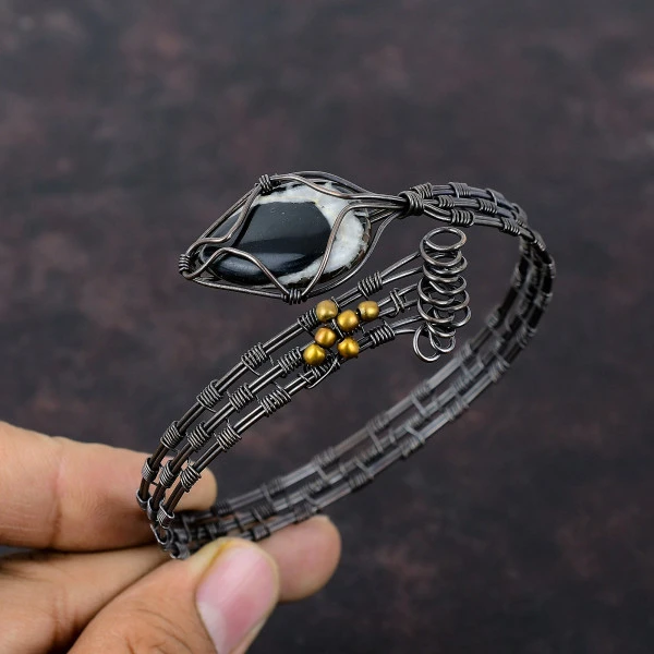 Moroccan Mud Crack Fossil Pear Black Handmade Copper Wire Wrapped Bangle