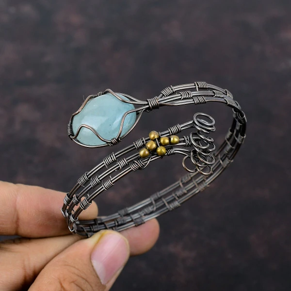 Aquamarine Oval Green Handmade Copper Wire Wrapped Bangle