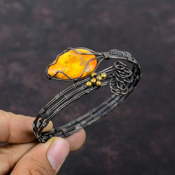 Bumble Bee Jasper Pear Yellow Handmade Copper Wire Wrapped Bangle