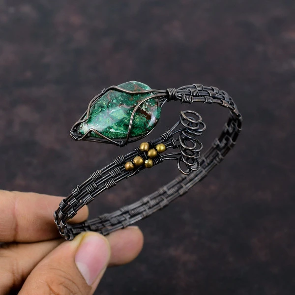 Cuprite Chrysocolla Pear Green Handmade Copper Wire Wrapped Bangle