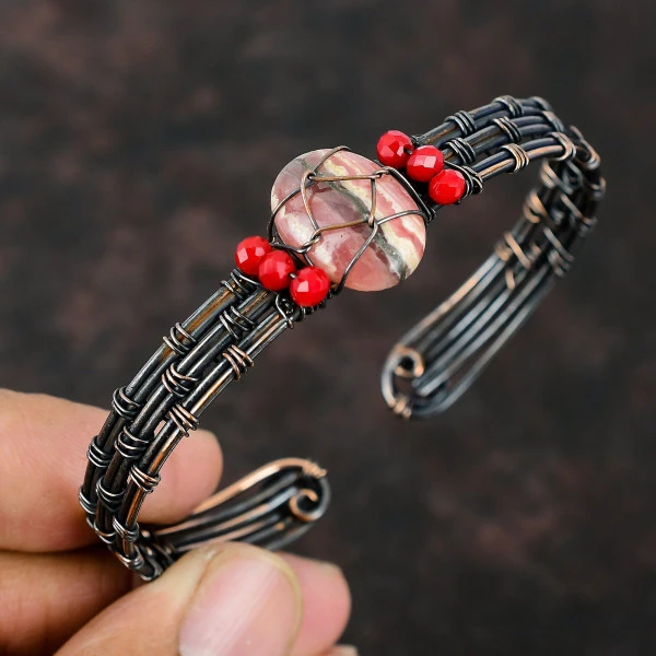 Rhodochrosite Oval Pink Handmade Copper Wire Wrapped Bangle