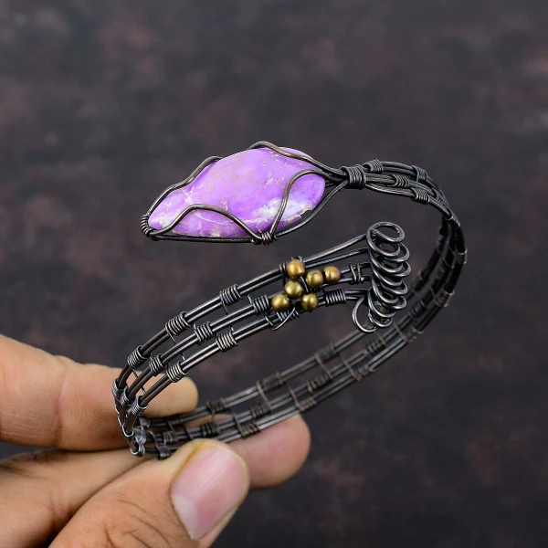 Phosphosiderite Pear Purple Handmade Copper Wire Wrapped Bangle