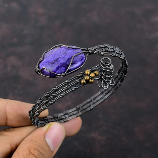 Charoite Oval Purple Handmade Copper Wire Wrapped Bangle