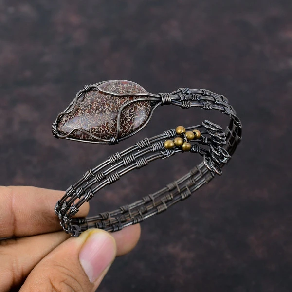 Dinosaur Bone Pear Red Handmade Copper Wire Wrapped Bangle