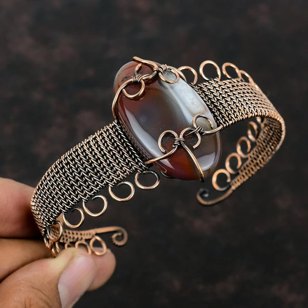 Montana Agate Oval Gray Handmade Copper Wire Wrapped Bangle