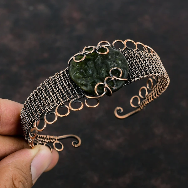 Moldavite Round Green Handmade Copper Wire Wrapped Bangle