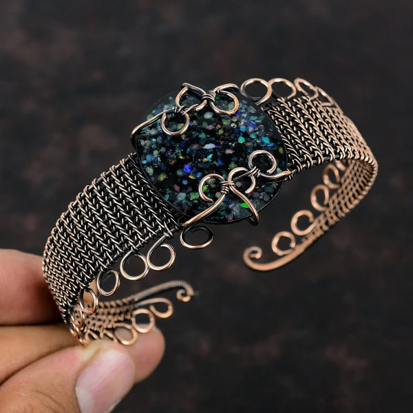 Black Ethiopian Opal Oval Black Handmade Copper Wire Wrapped Bangle