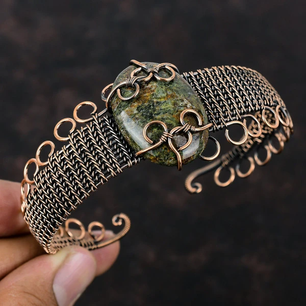 Spessartine Garnet in Limestone Oval Green Handmade Copper Wire Wrapped Bangle
