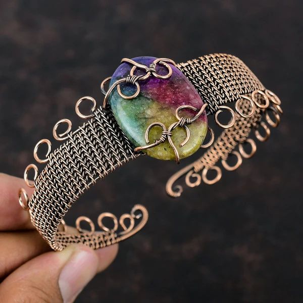 Rainbow Solar Quartz Druzy Oval Pink Handmade Copper Wire Wrapped Bangle