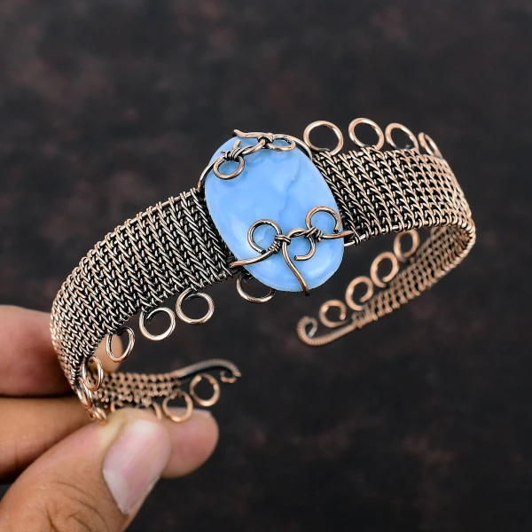 Owyhee Blue Opal Oval Blue Handmade Copper Wire Wrapped Bangle