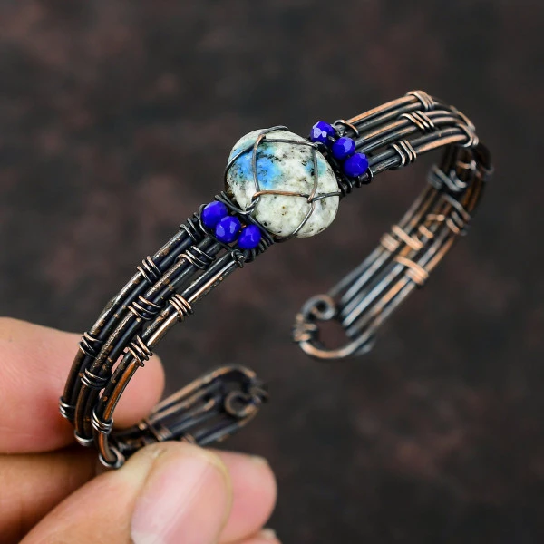 K2 Jasper Oval White Handmade Copper Wire Wrapped Bangle