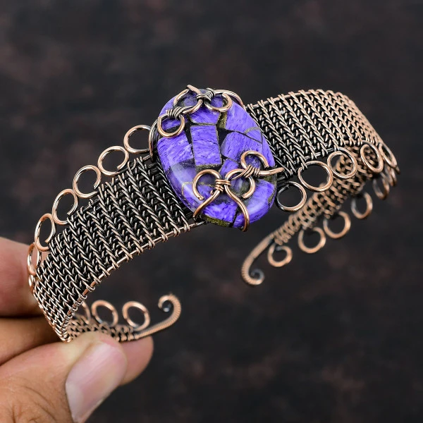 Copper Charoite Oval Purple Handmade Copper Wire Wrapped Bangle