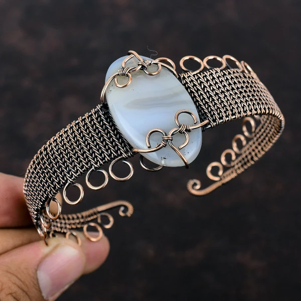 Botswana Agate Oval White Handmade Copper Wire Wrapped Bangle