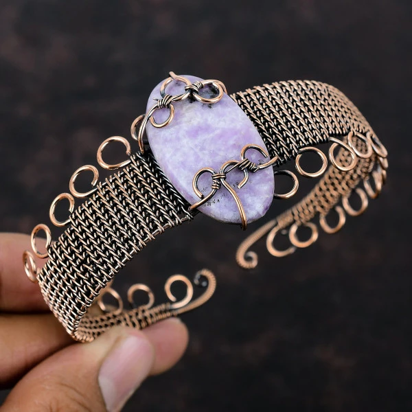 Lepidolite Oval Purple Handmade Copper Wire Wrapped Bangle