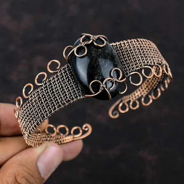 Silver Sheen Obsidian Oval Black Handmade Copper Wire Wrapped Bangle