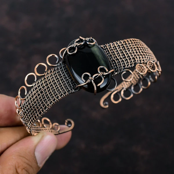 Nellite Oval Black Handmade Copper Wire Wrapped Bangle