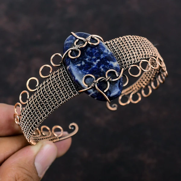 Sodalite  Oval Blue Handmade Copper Wire Wrapped Bangle