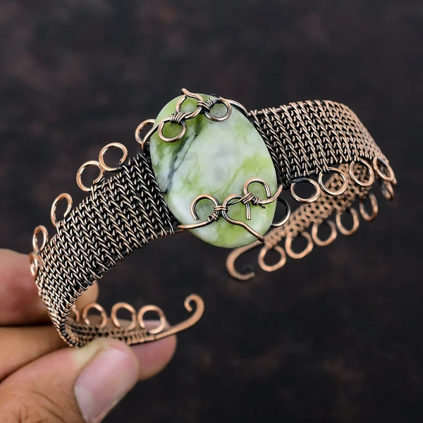 Green Aragonite Oval Green Handmade Copper Wire Wrapped Bangle
