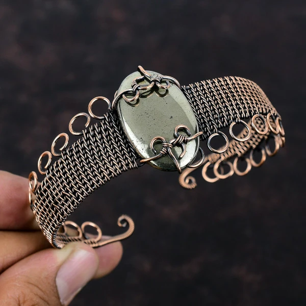Apache Pyrite Oval Gold Handmade Copper Wire Wrapped Bangle