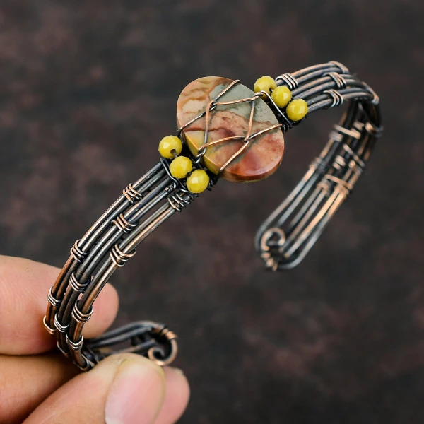 Polychrome Jasper Oval Brown Handmade Copper Wire Wrapped Bangle
