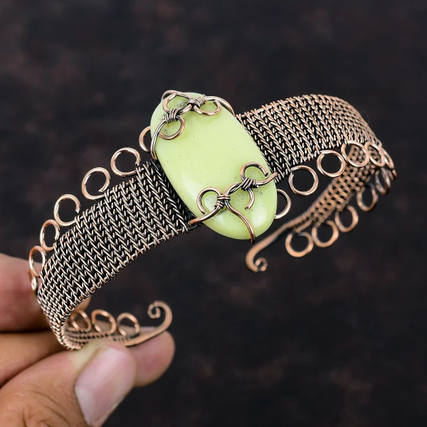 Serpentine Oval Green Handmade Copper Wire Wrapped Bangle