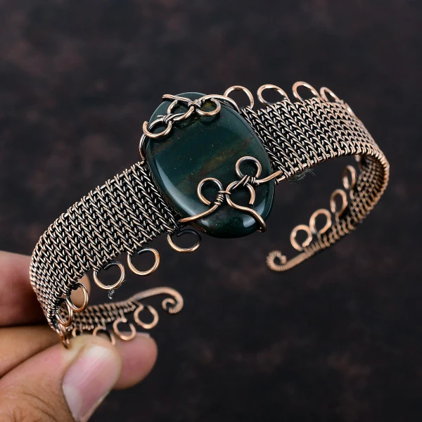 Bloodstone Oval Green Handmade Copper Wire Wrapped Bangle