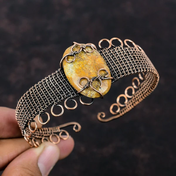 Fossil Coral Oval Yellow Handmade Copper Wire Wrapped Bangle