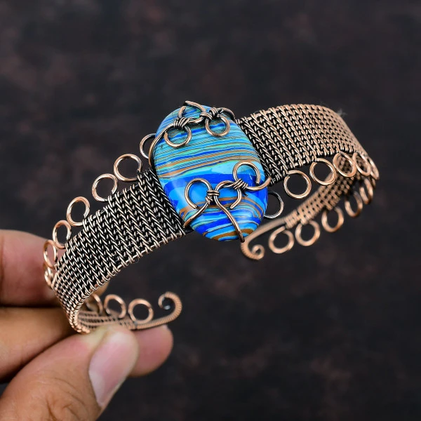 Rainbow Calsilica Oval Blue Handmade Copper Wire Wrapped Bangle